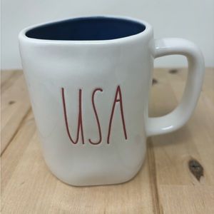 Rae Dunn USA Mug White Blue Interior Ceramic with Red Lettering Patriotic New
